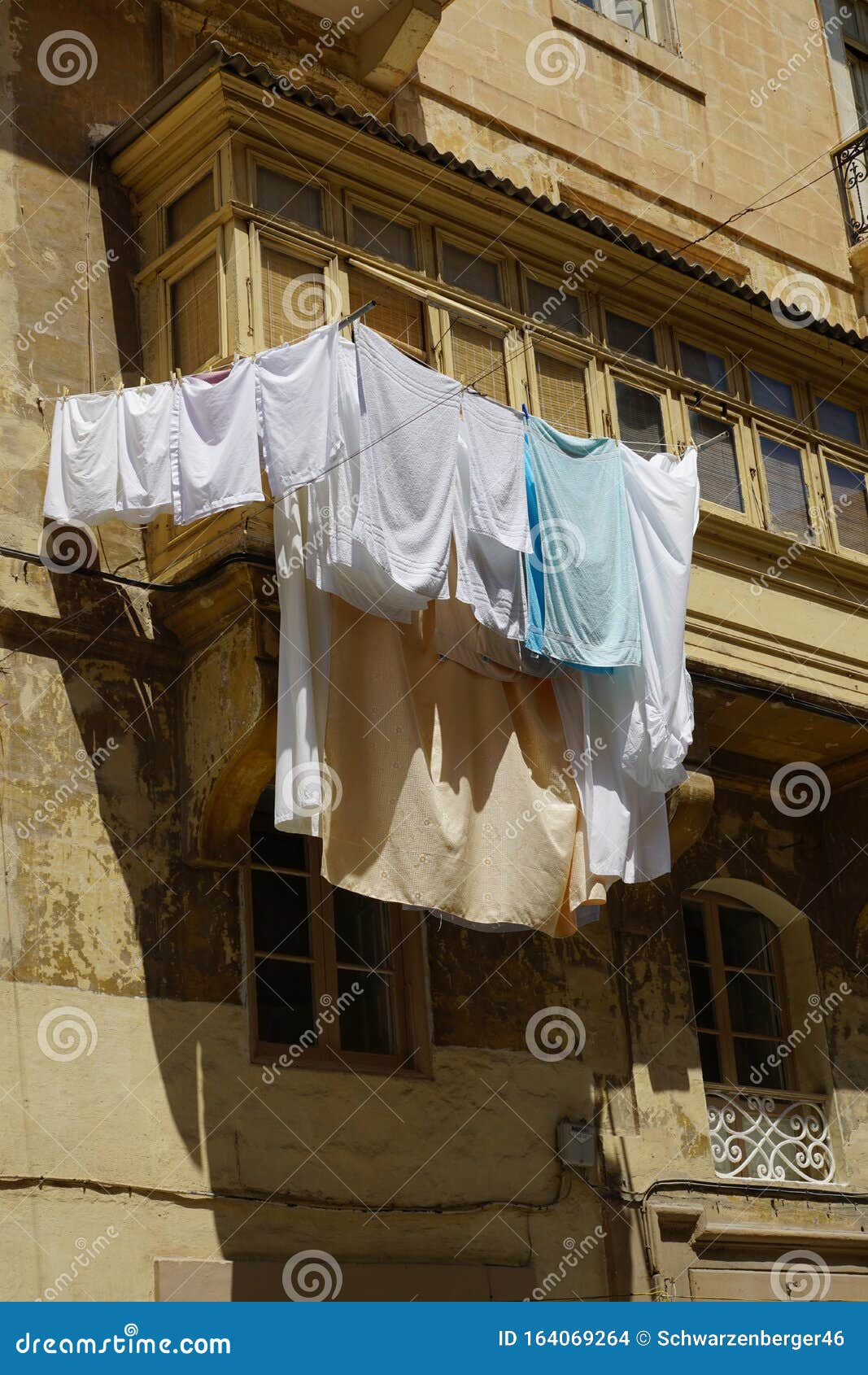 Malta, Valetta Typical Balconies in Malta with Suspended Laundry for