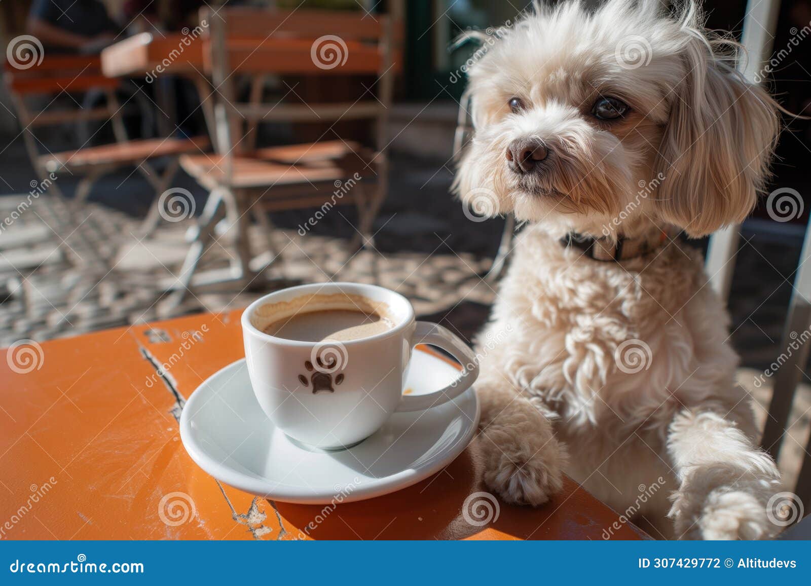 maltese with a decaf on a sunny cafe patio