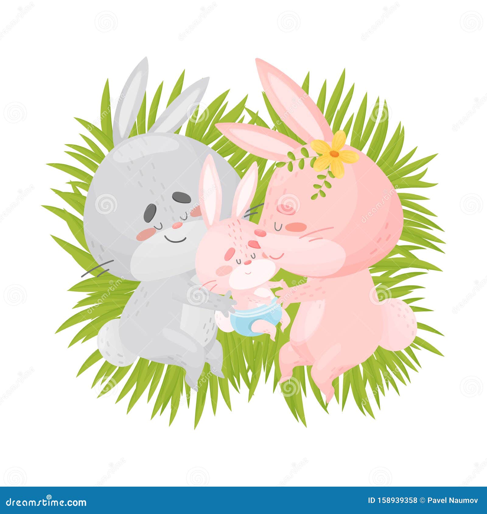 MamÃ¡, PapÃ¡ Y Conejos BebÃ©s Duermen En El Pasto. IlustraciÃ³n Del Vector  En Un Fondo Blanco Ilustración del Vector - Ilustración de peludo, bebé:  158939358