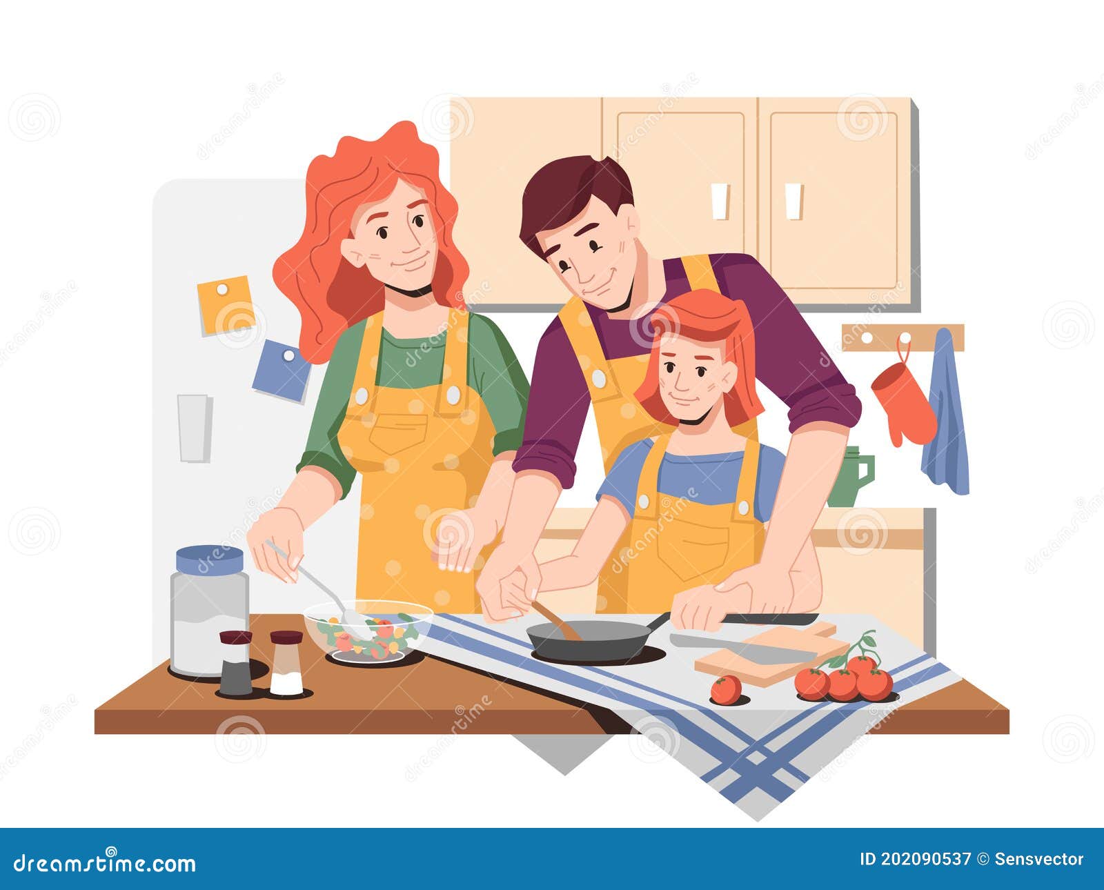 Mamá Y Papá Enseñando a Su Hija a Cocinar En Casa Ilustración del Vector -  Ilustración de comida, mama: 202090537