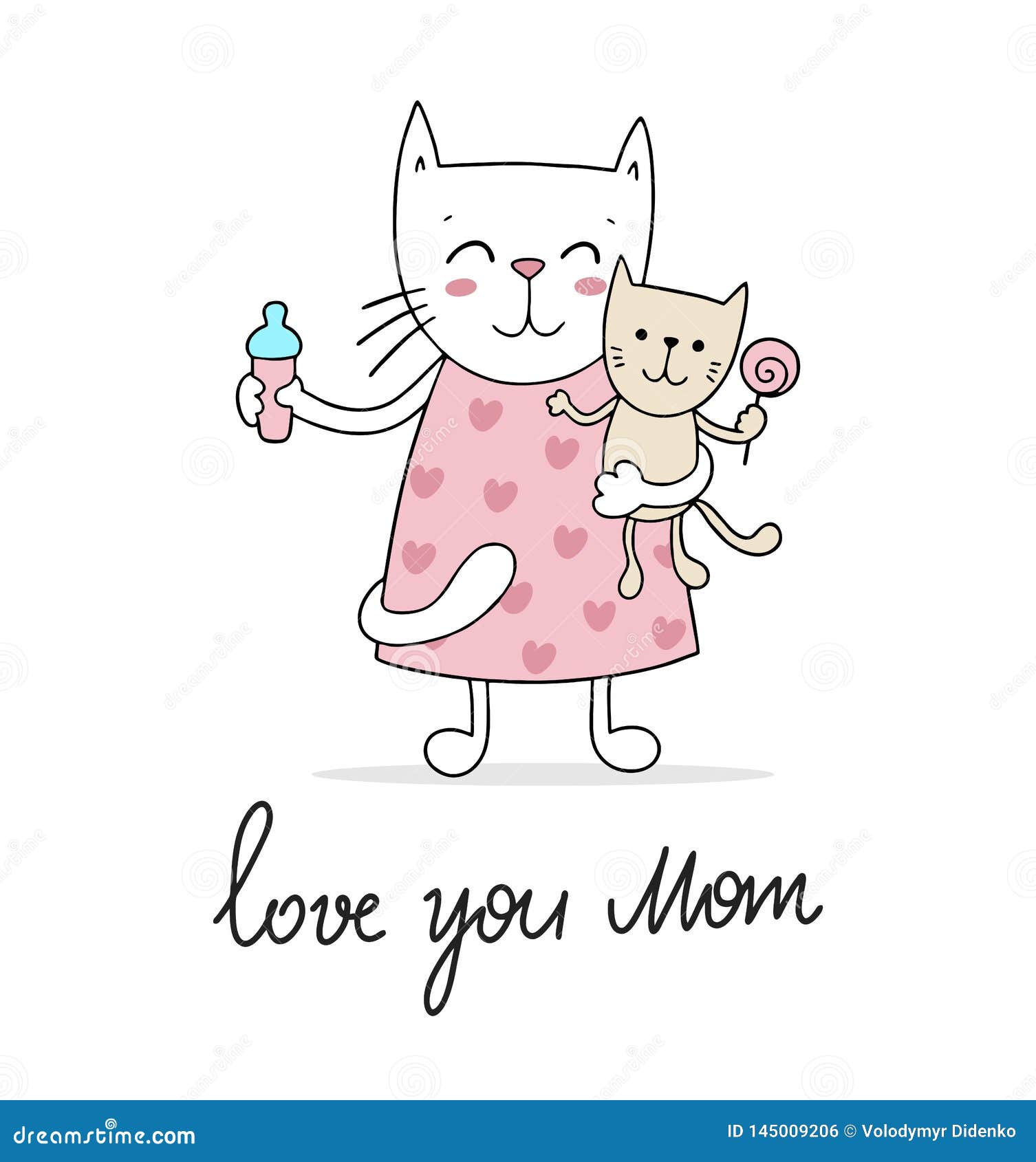 Desenho de desenhos animados de gatos de mãe e bebê