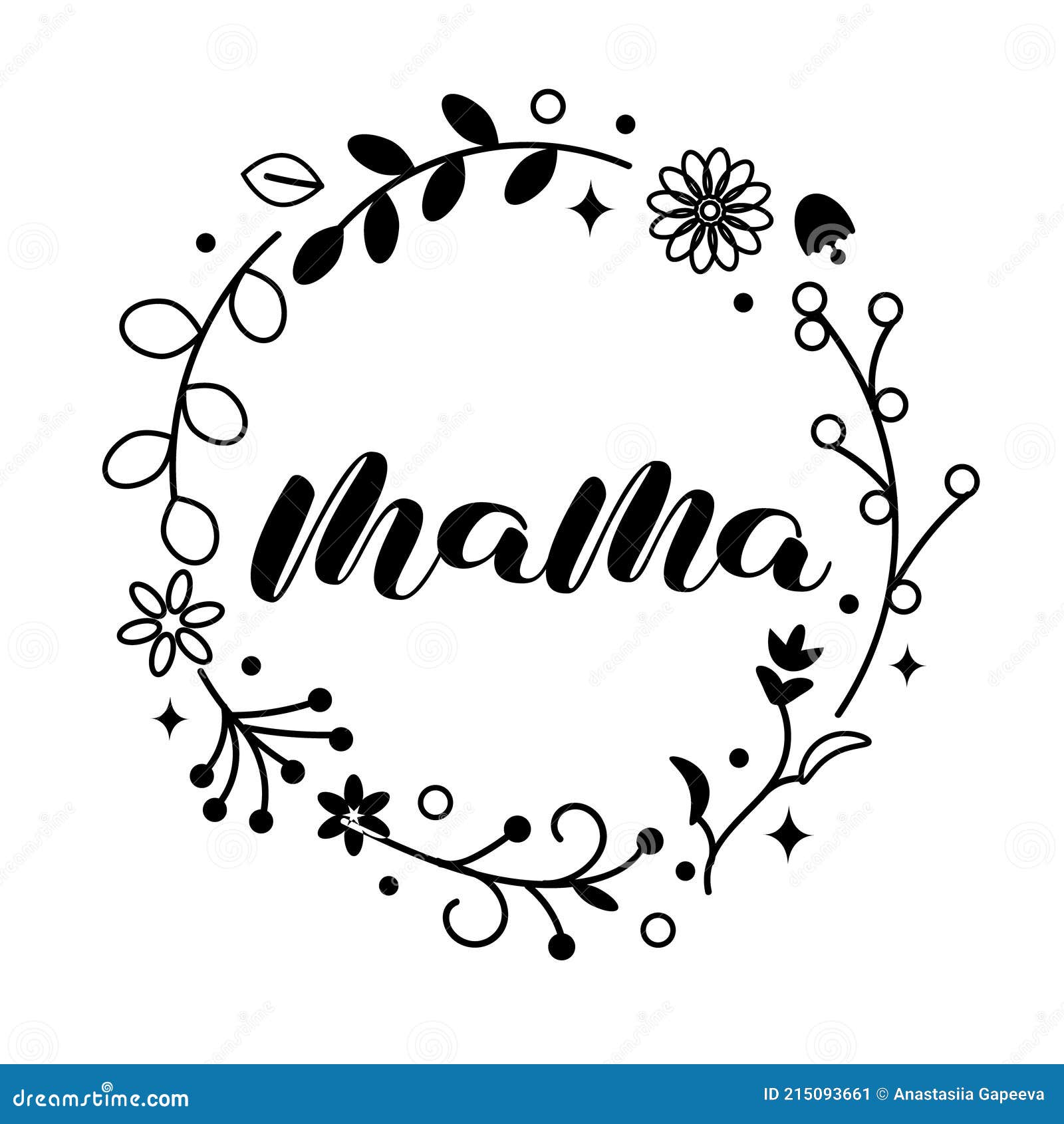 Mama Brush Lettering in Floral Wreath Frame. Vector Stock Illustration ...