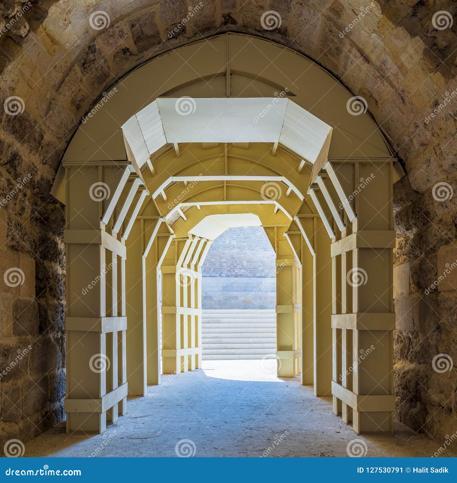 mamluk era arched stones tunnel leading to al-muayyad bimaristan ancient hospital, cairo, egypt