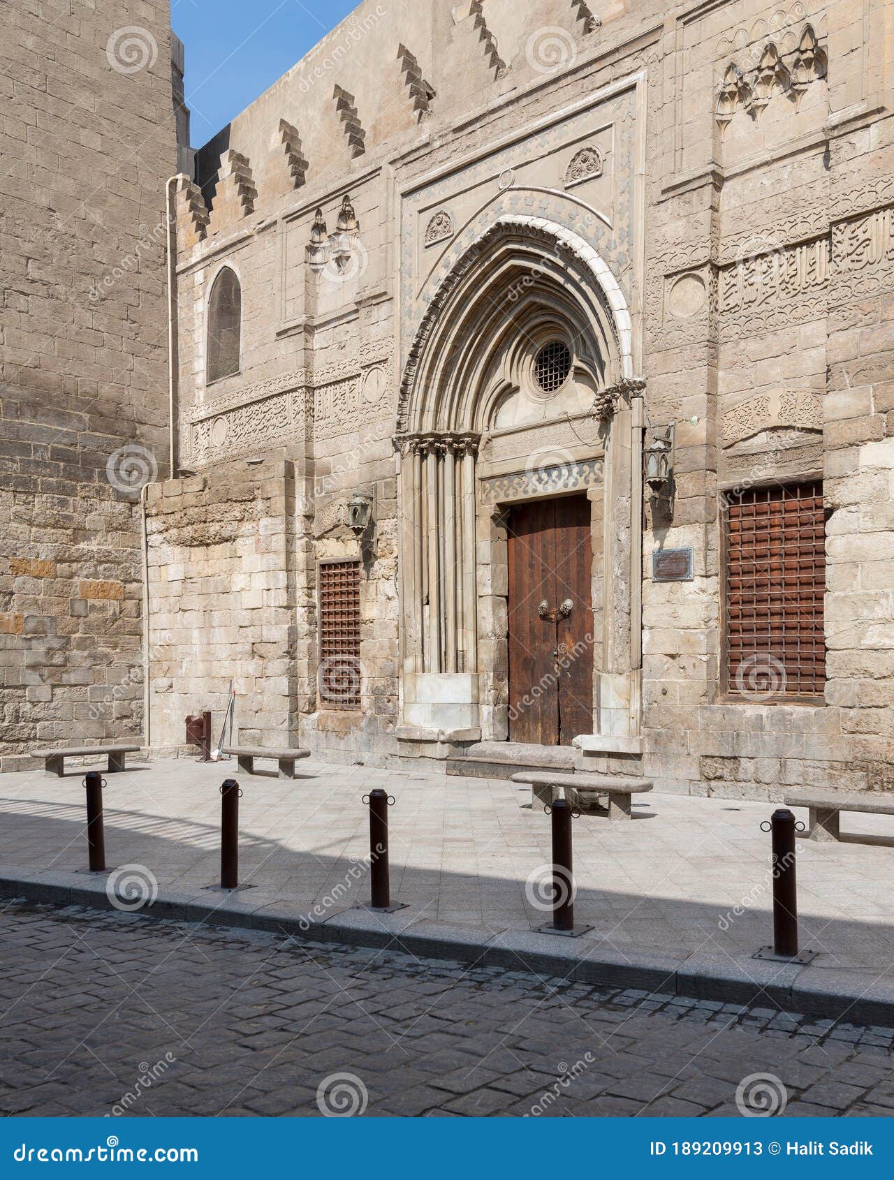 mamluk era school and mausoleum of sultan qalawun, moez street, at covid-19 lockdown, cairo, egypt