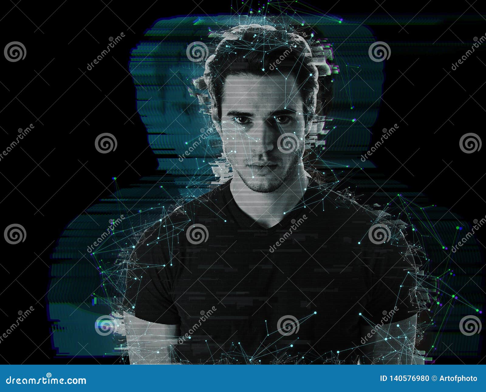 Man in Abstract Virtual Effect Looking at Camera Stock Photo Image of