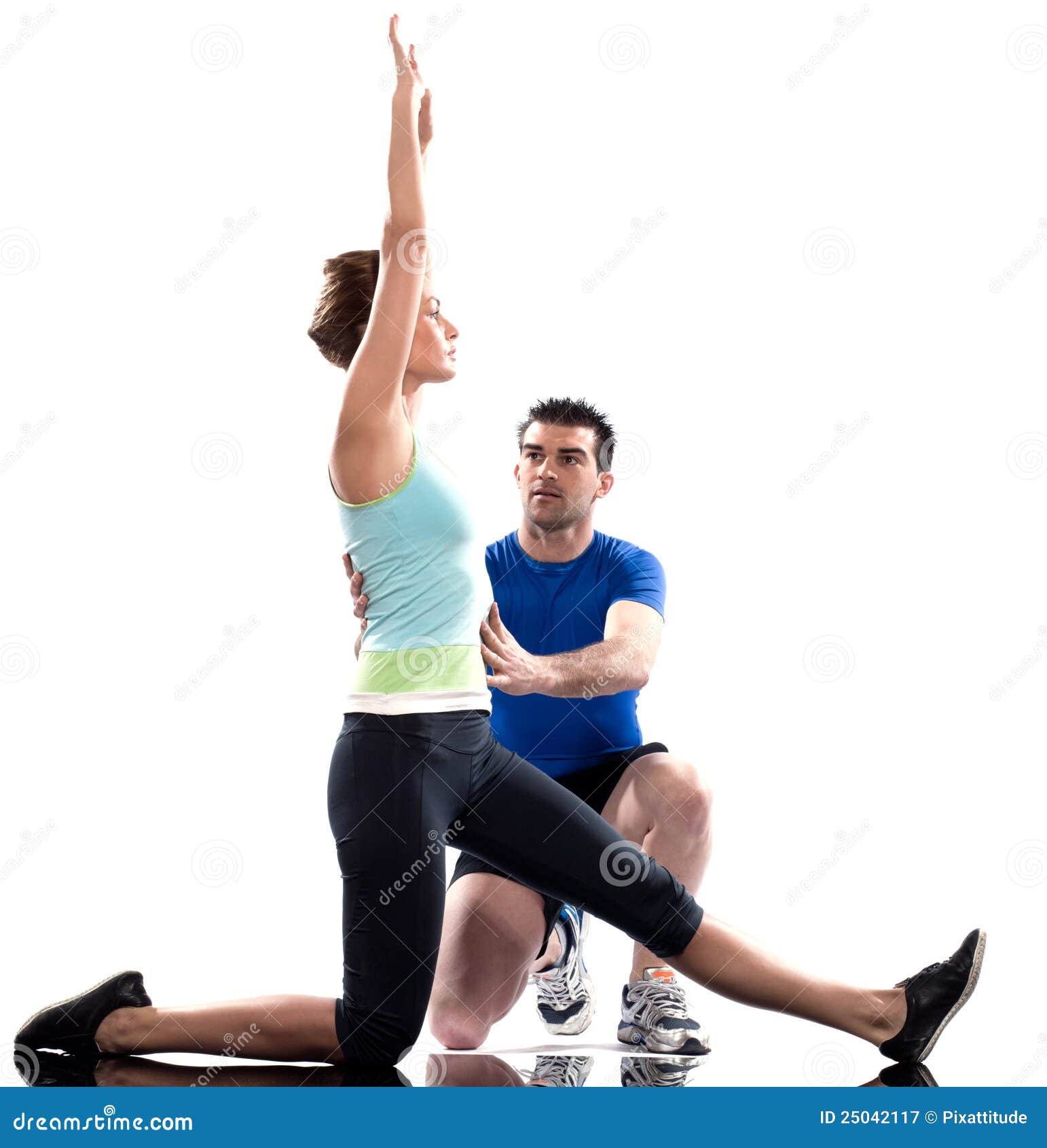 man aerobic trainer positioning woman workout