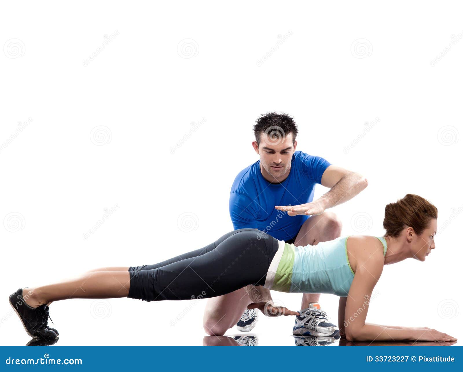man aerobic trainer positioning woman workout