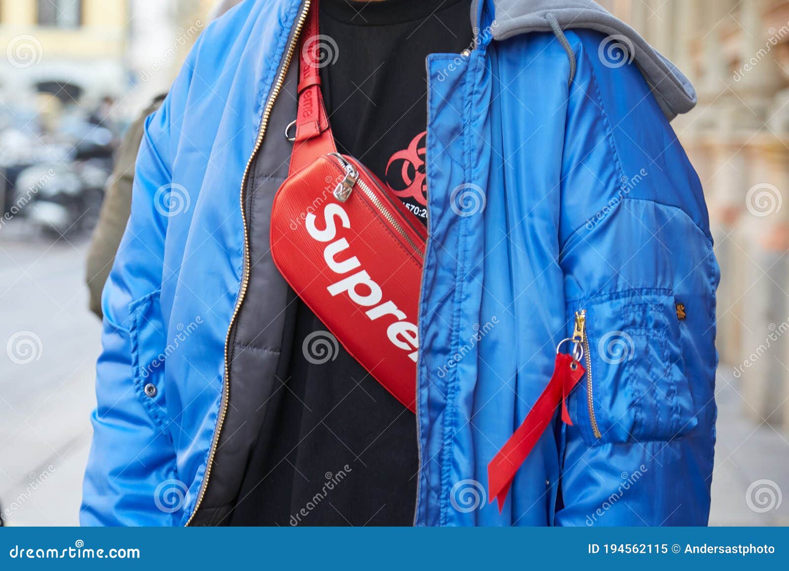 Man with Alpha Industries Blue Bomber Jacket and Red Louis Vuitton Supreme  Pouch before MSGM Fashion Show, Editorial Image - Image of bomber, january:  194562115