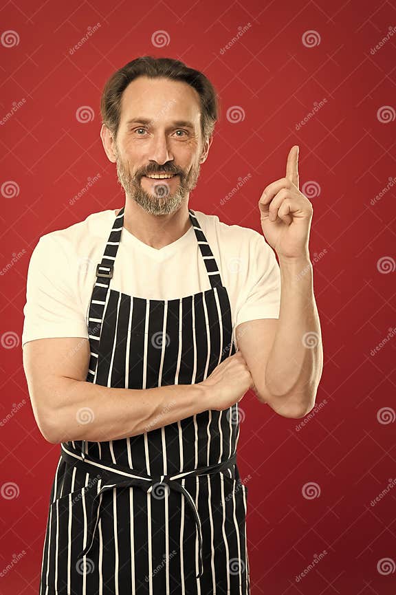 Man In Apron Confident Mature Handsome Man In Apron Red Background He Might Be Baker Gardener 