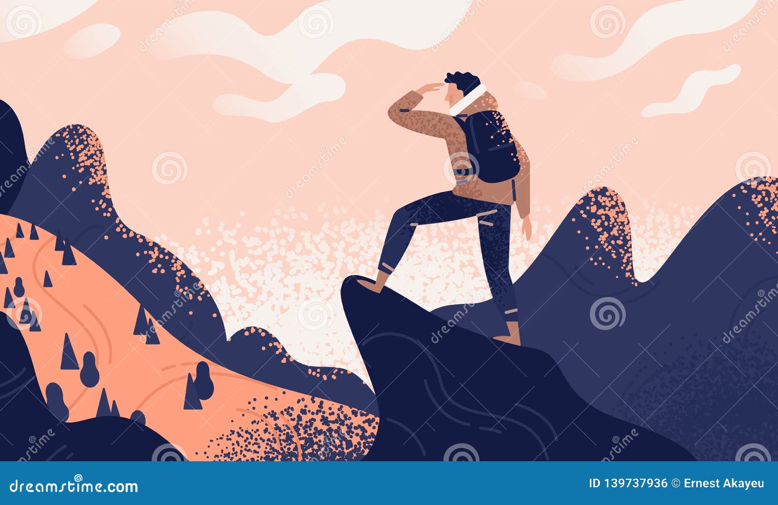 man with backpack, traveller or explorer standing on top of mountain or cliff and looking on valley. concept of