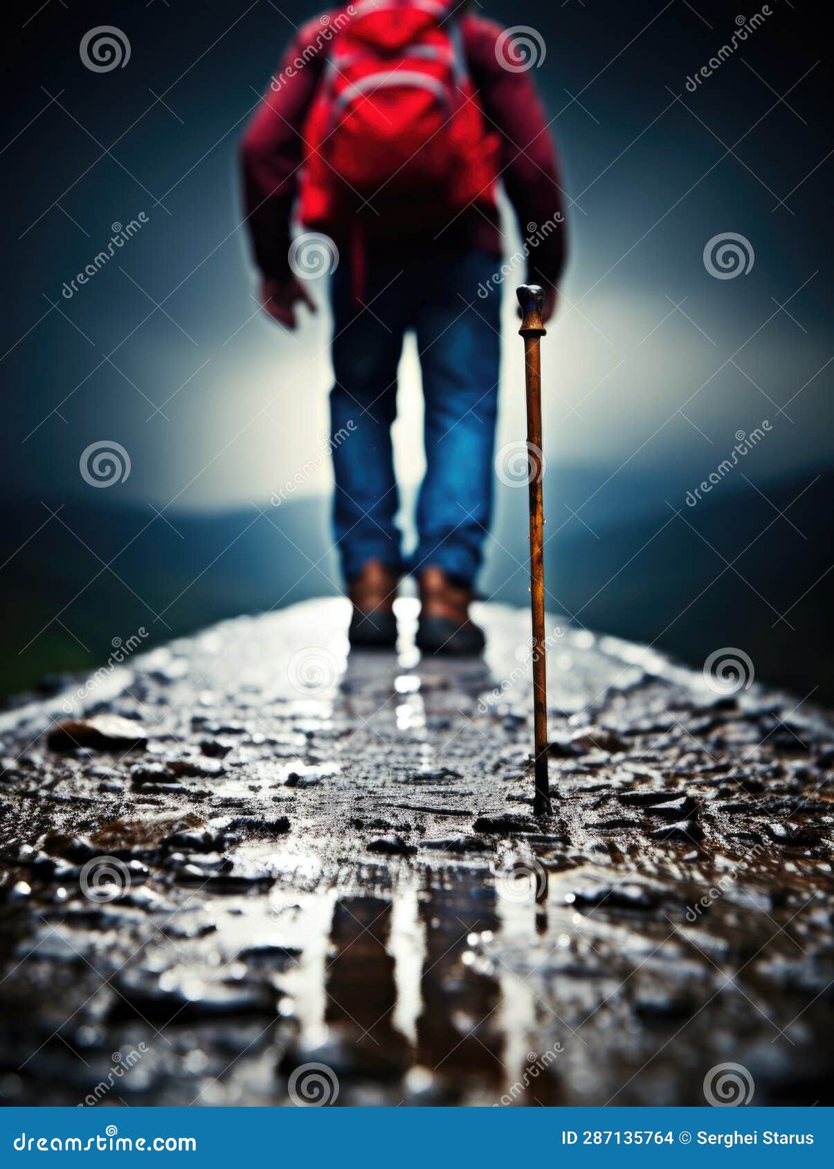 A Man with a Backpack and Walking Stick on a Bridge. Generative AI