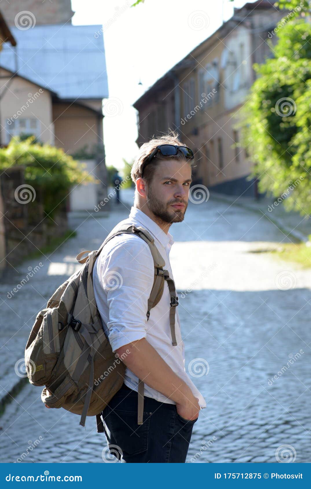 Man with Beard and Rucksack on Back. Student with Backpack Stock Image ...