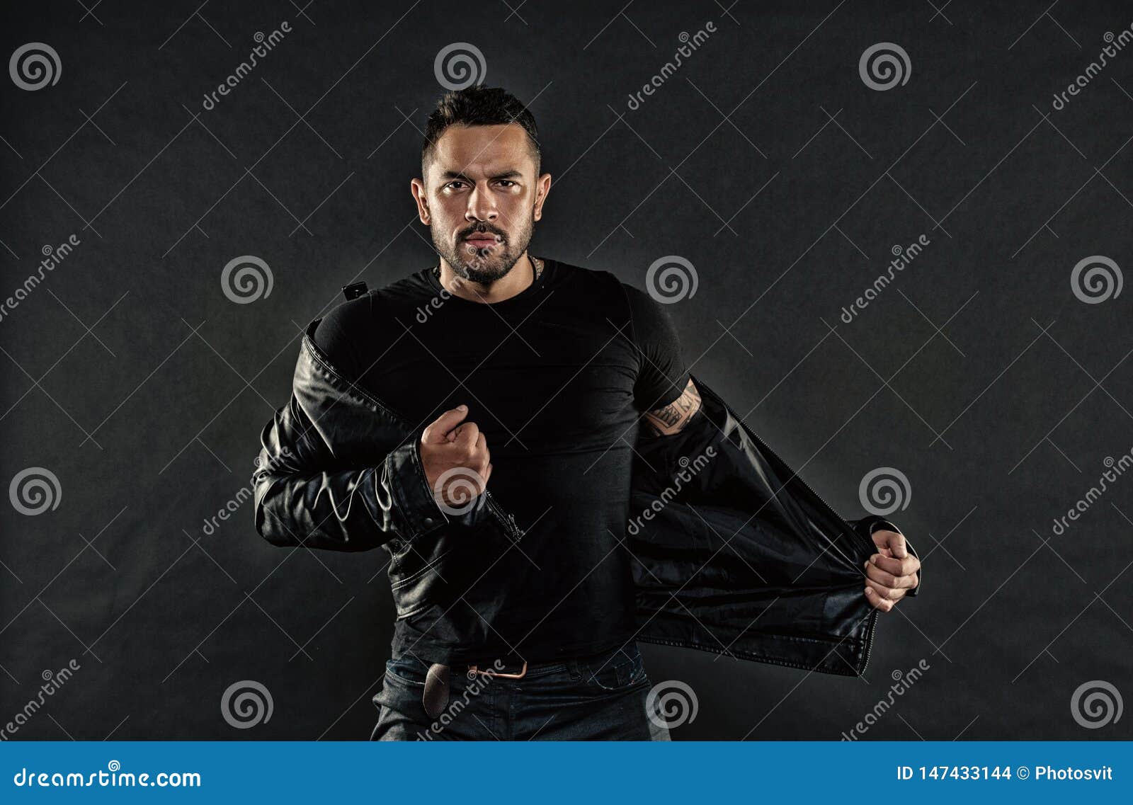 man with beard on unshaven face. bearded man undress leather jacket. fashion model in casual style clothes. style and