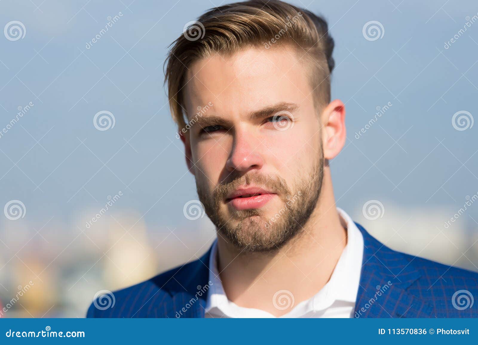 Man With Bearded Face On Sunny Outdoor Businessman With Stylish