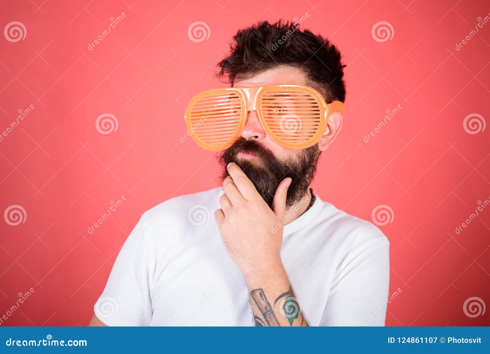 Man Bearded Hipster Wears Giant Louvered Sunglasses. Optics and Eye ...