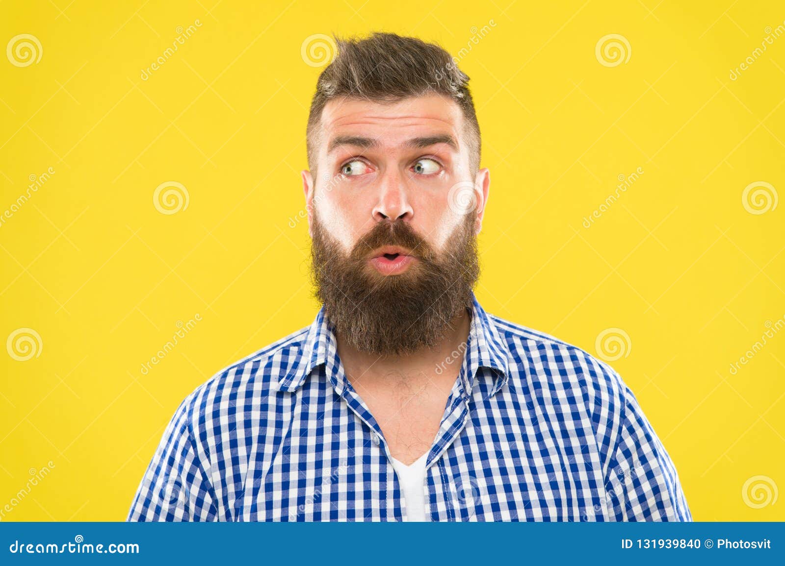 Man Bearded Hipster Wondering Face Yellow Background Close Up. Guy ...
