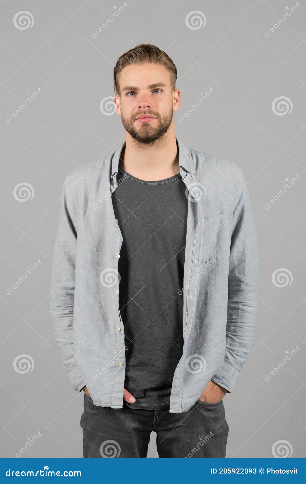 Man Bearded Strict Face Wears Casual Clothes, Grey Background. Man with ...