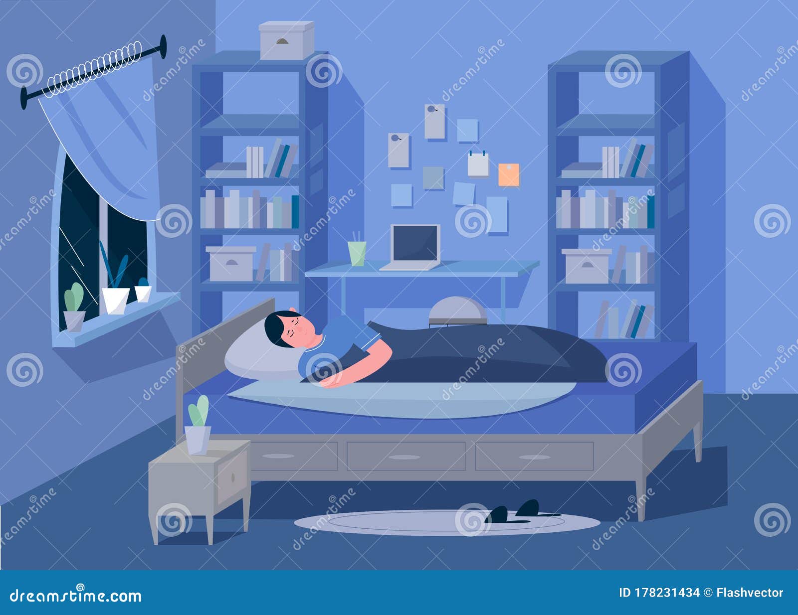 Man in the Bedroom. Cartoon Male Teens Room at Night Flat Vector  Illustration Stock Vector - Illustration of health, house: 178231434
