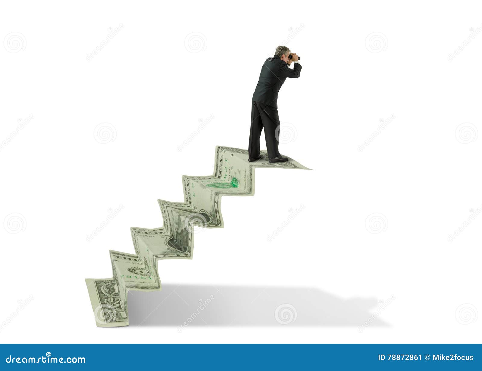 man w binoculars on money stairs seeking financial success