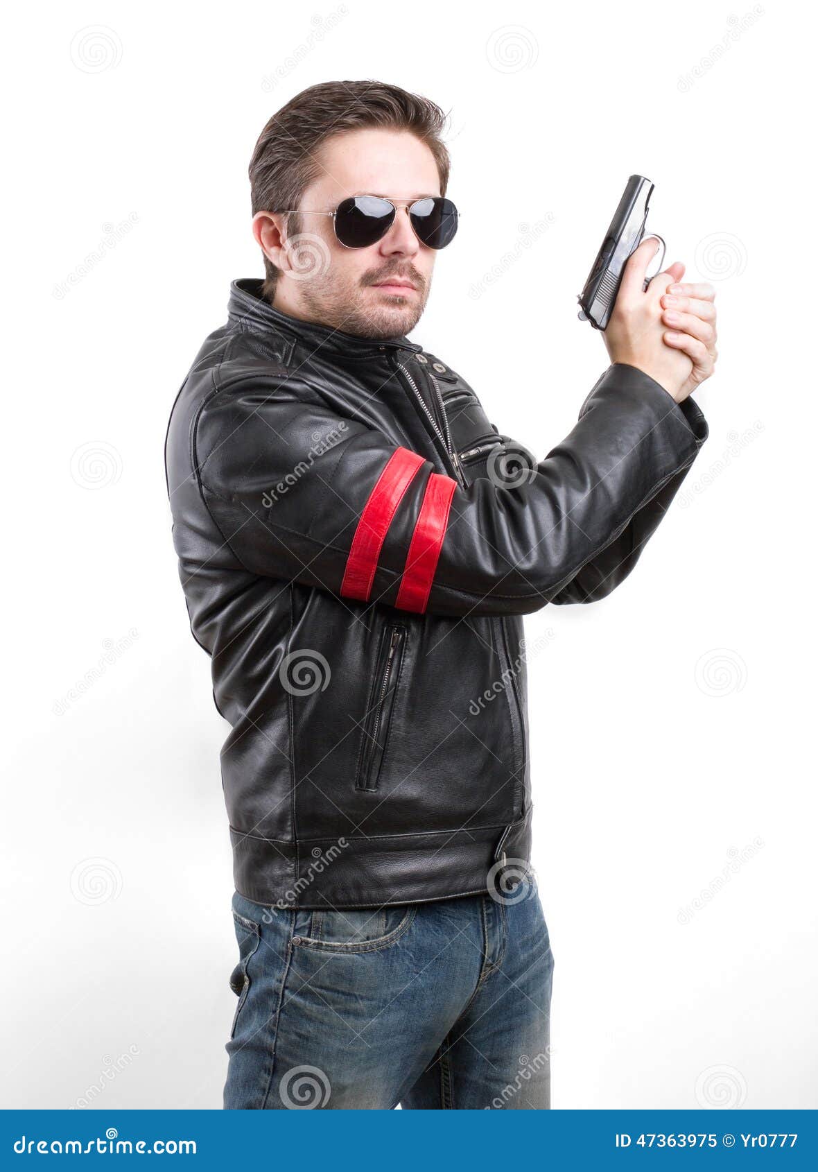 Man In Black Leather Jacket And Sunglasses With Gun Stock Man In Black Leather Jacket And Sunglasses With Gun Stock