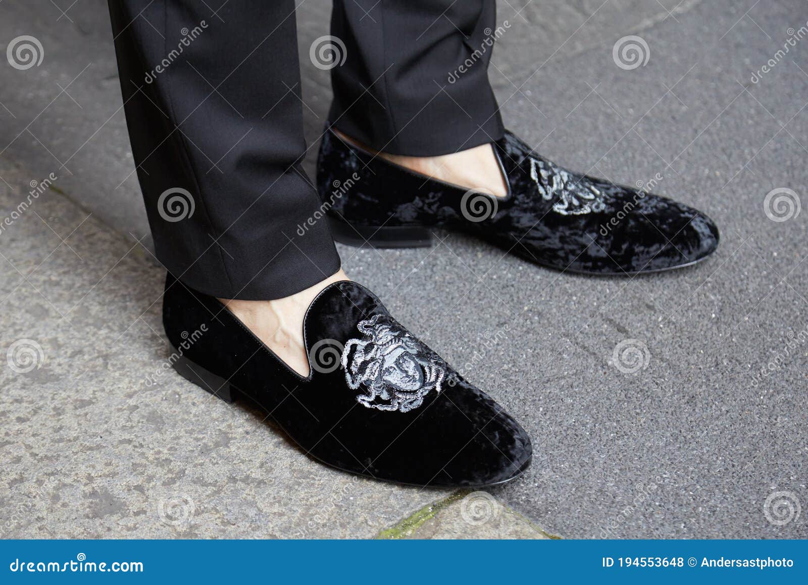 Man Black Velvet Versace Shoes with Medusa Head before Fashion Show, Milan Fashion Week Street Style Editorial Stock Photo - Image of velvet, accessory: 194553648