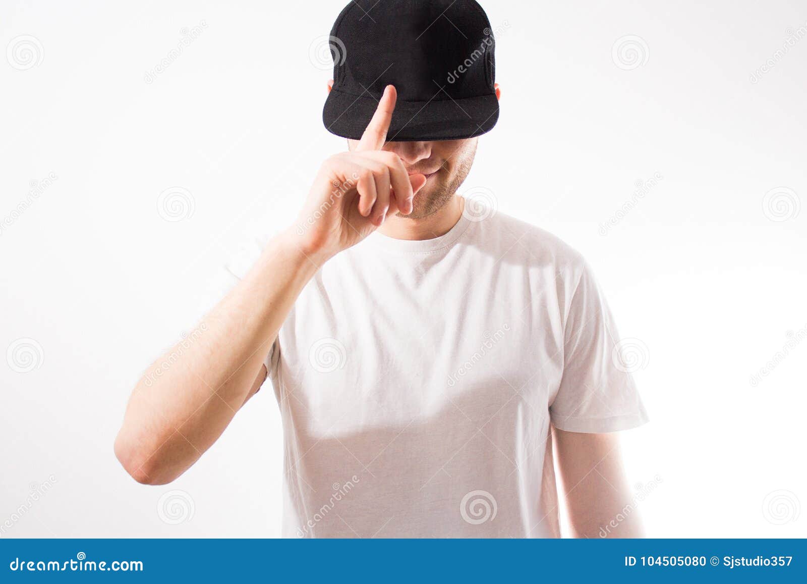 The Man, in the Blank Black, Baseball Cap, Snapback on a White Background,  Mock Up, Free Space, Logo Presentation , Template for Stock Photo - Image  of empty, color: 104505080
