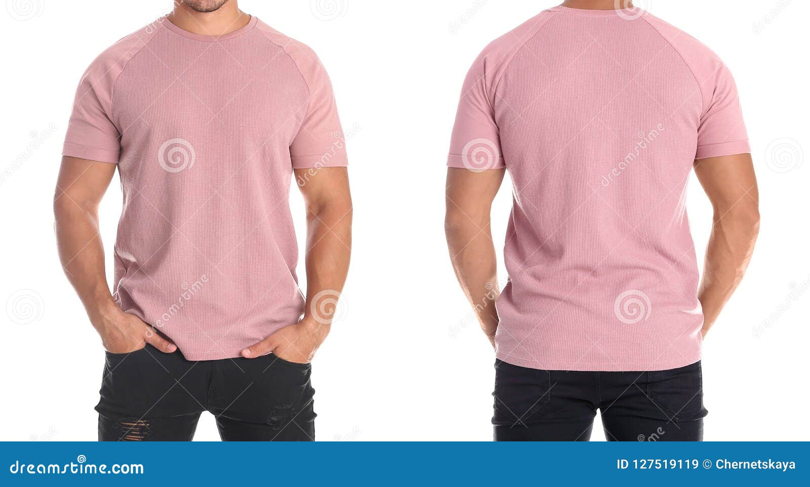 Man in Blank Pink T-shirt on White Background Stock Image - Image