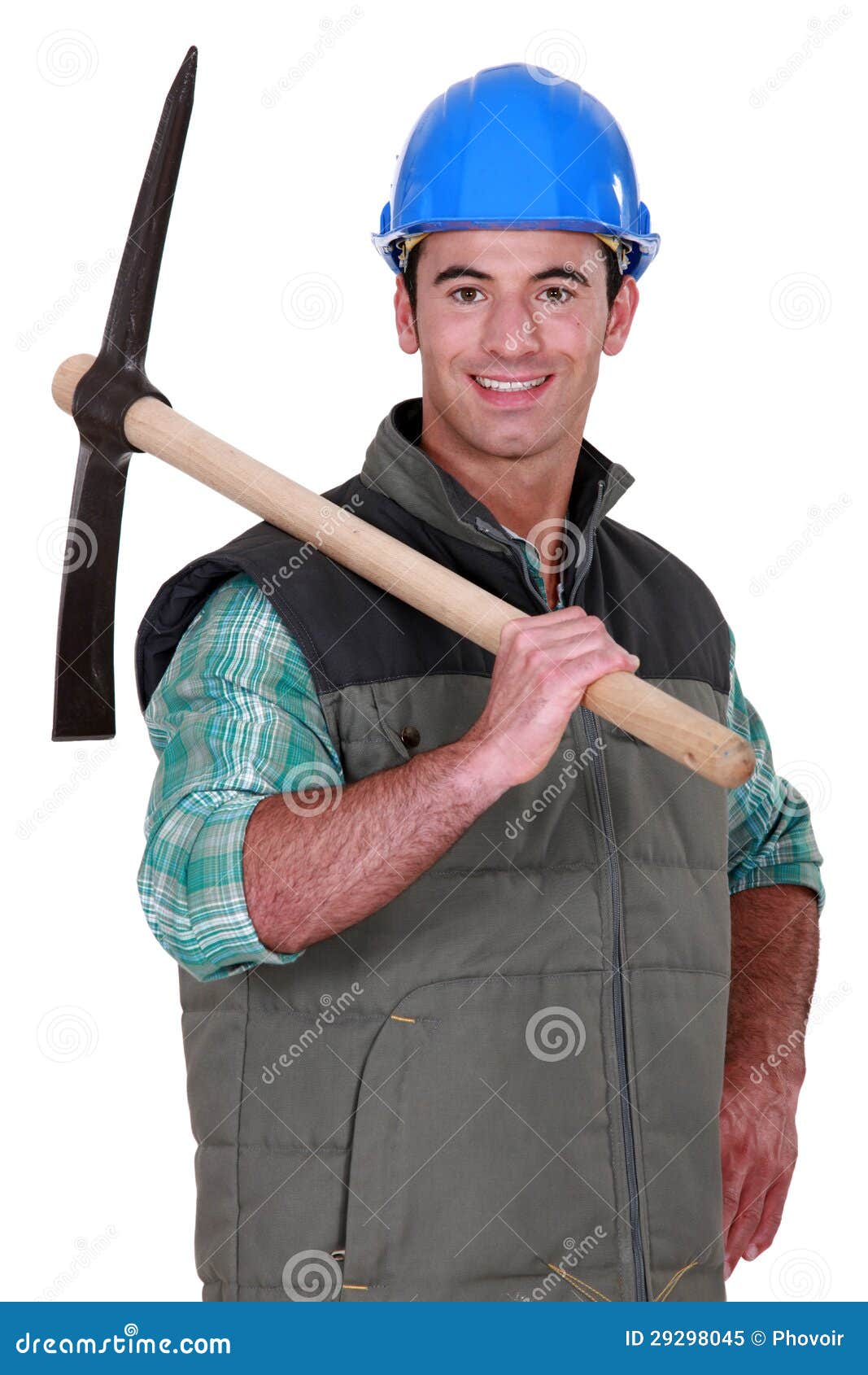 Man in blue hard hat stock image. Image of advertising 29298045