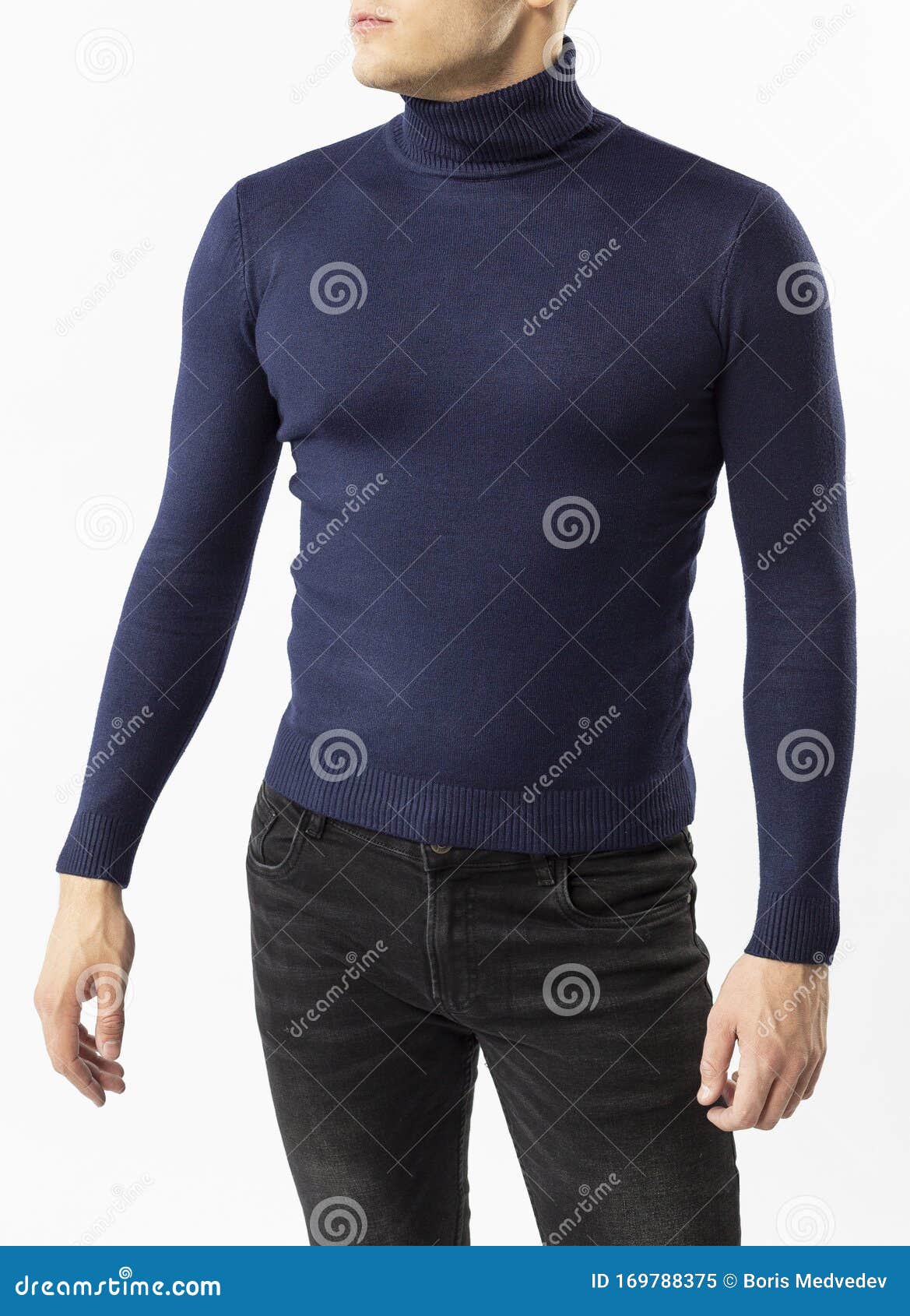 A Man In A Blue Turtleneck And Black Jeans On A White Background Stock  Image - Image Of Macho, Health: 169788375