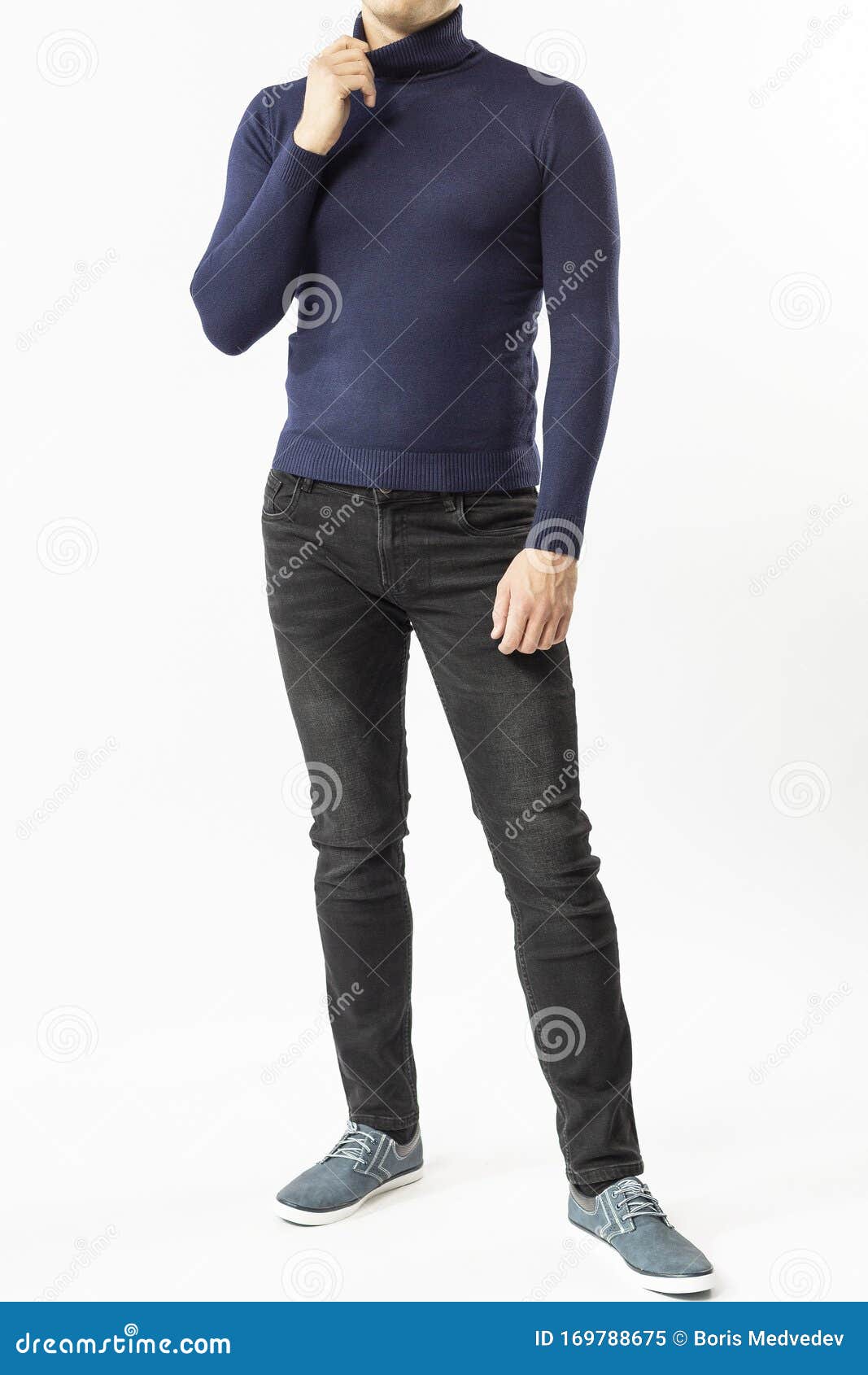 A Man In A Blue Turtleneck And Black Jeans On A White Background Stock  Image - Image Of Mens, Standing: 169788675