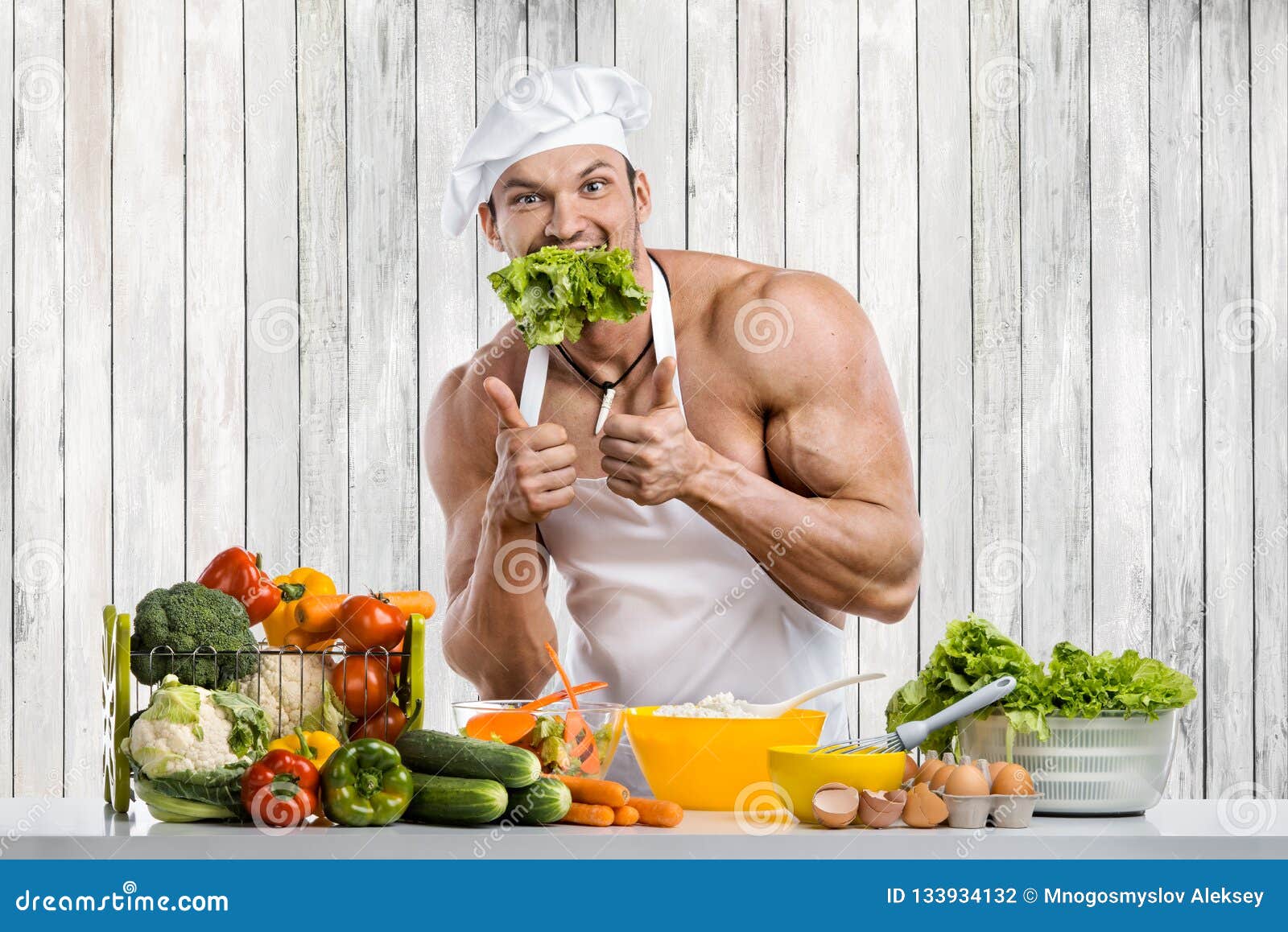 Man Bodybuilder Cooking On Kitchen Stock Photo Image Of Athlete