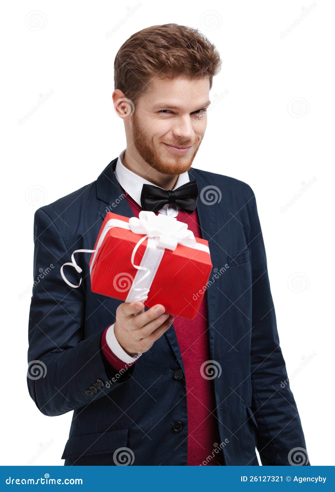 Man in Bow Tie Offers a Present Stock Image Image of congratulation