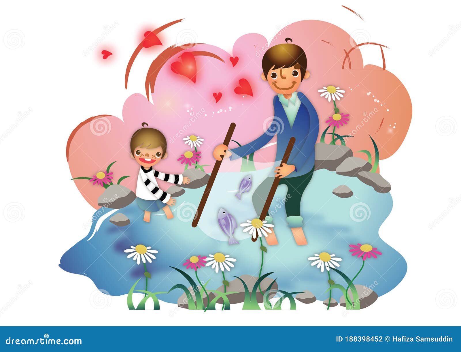 Man And Boy Catching Fish In A Pond. Vector Illustration ...