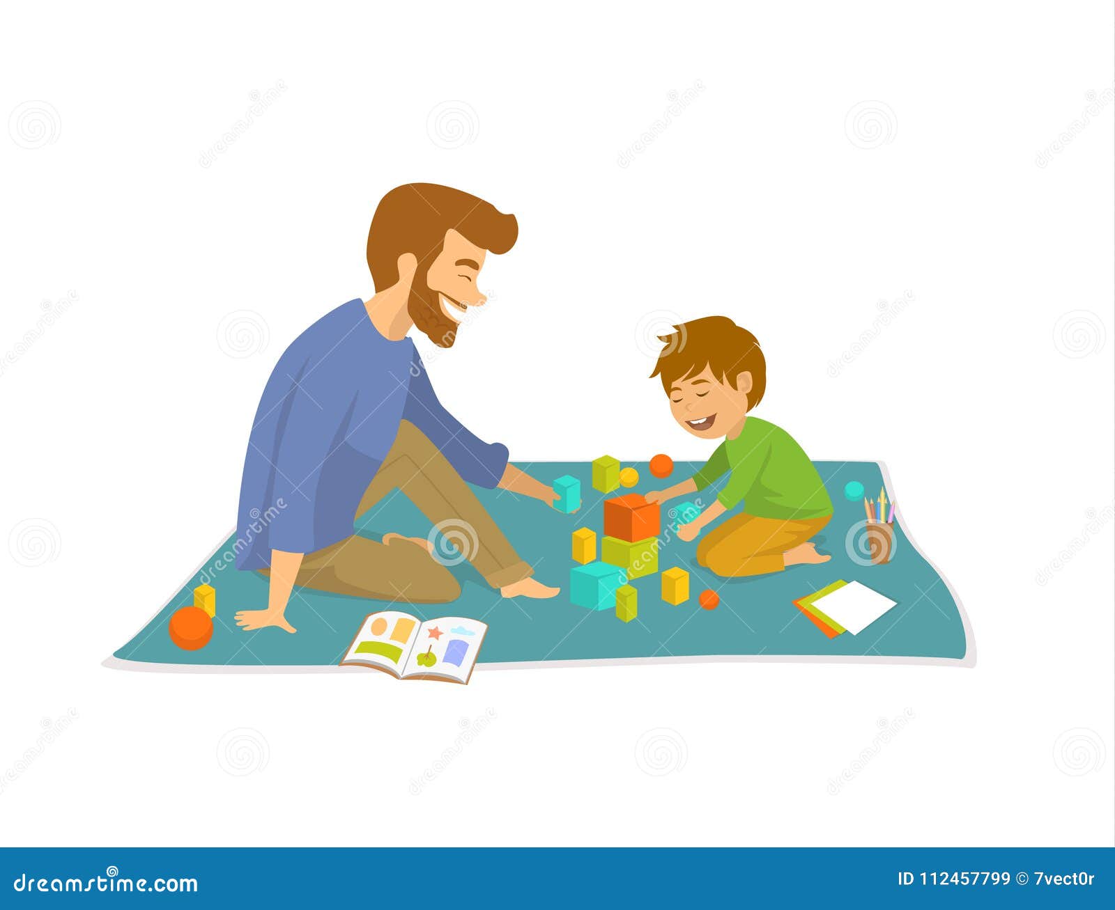 man and boy, father and son palying on floor at home developing games