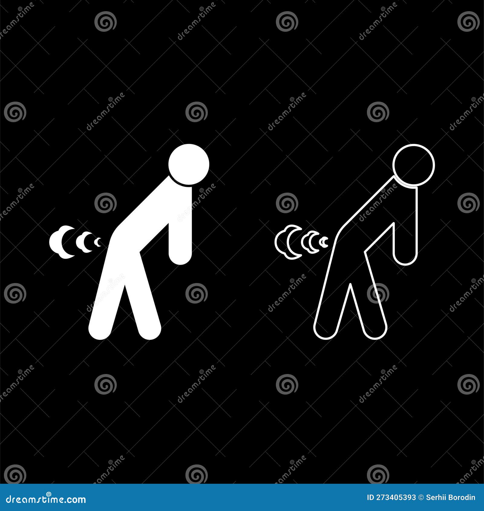 man break wind bloating gas cloud stench bad smell flatulency set icon white color   image solid