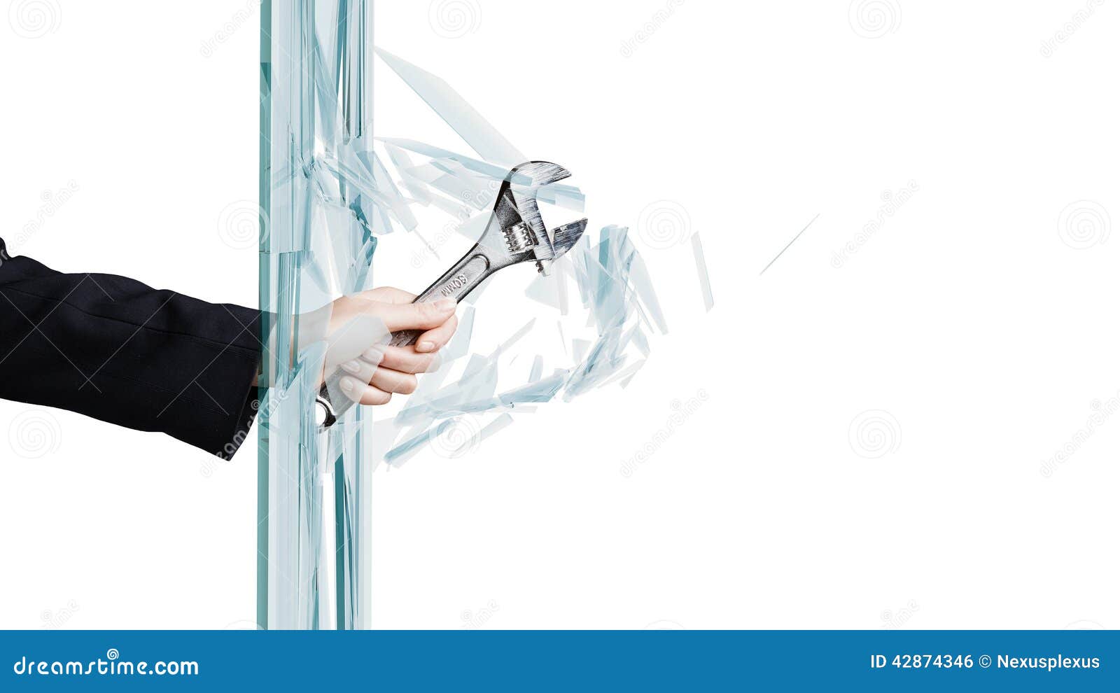 Man breaking glass. Close up of male hand breaking glass with wrench