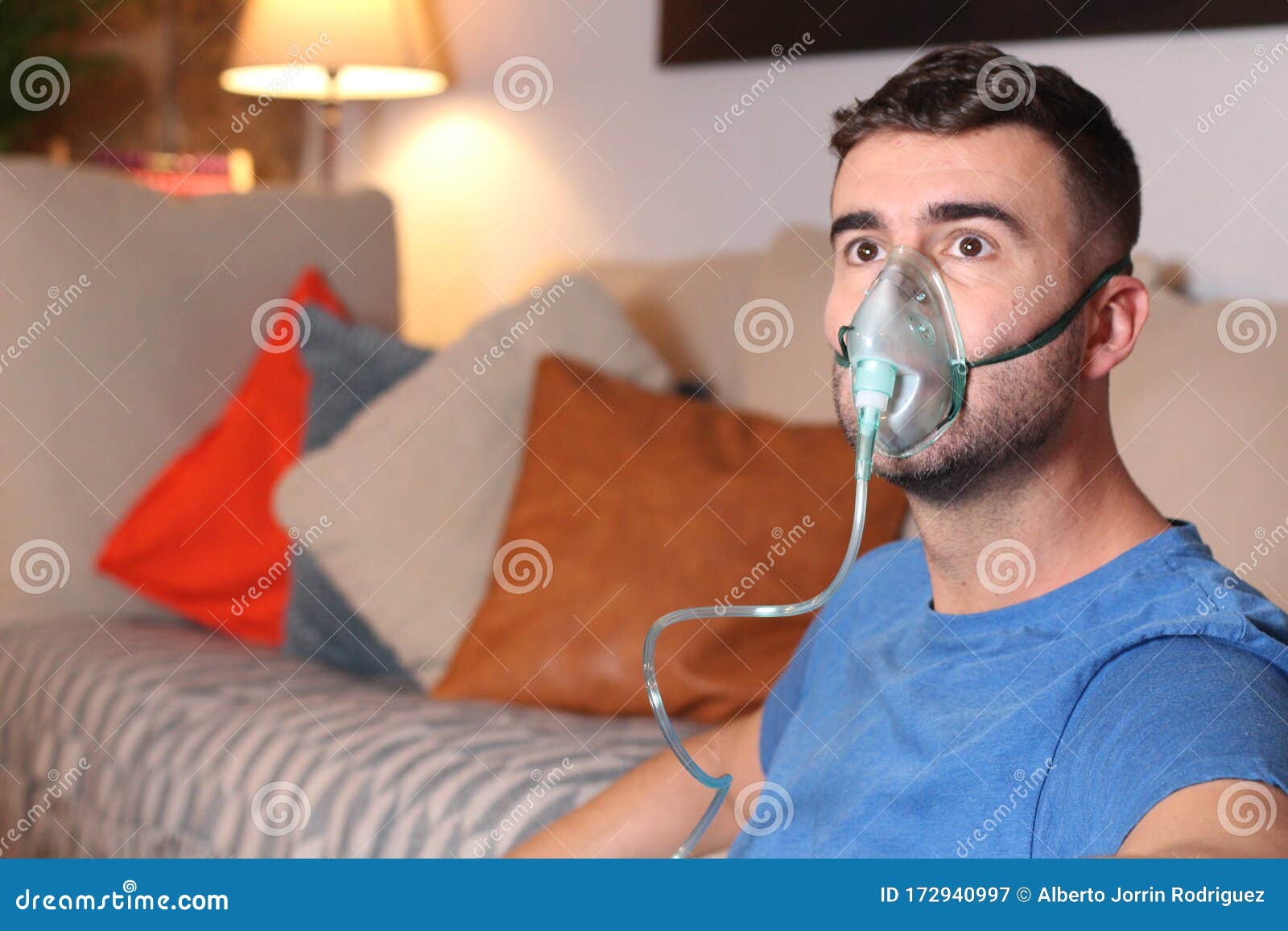 Man with Breathing Problems at Home Stock Image Image of inhaler