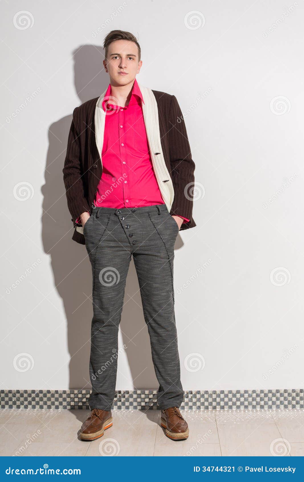 grey jacket red shirt