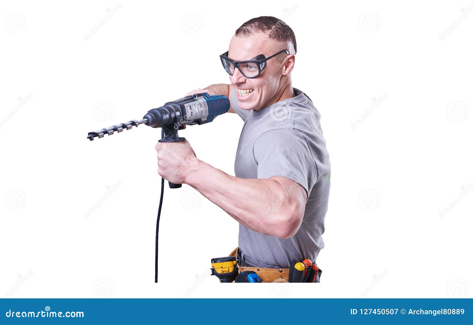 Man, Builder, Glasses, with a Drill in Hand Isolated on White ...