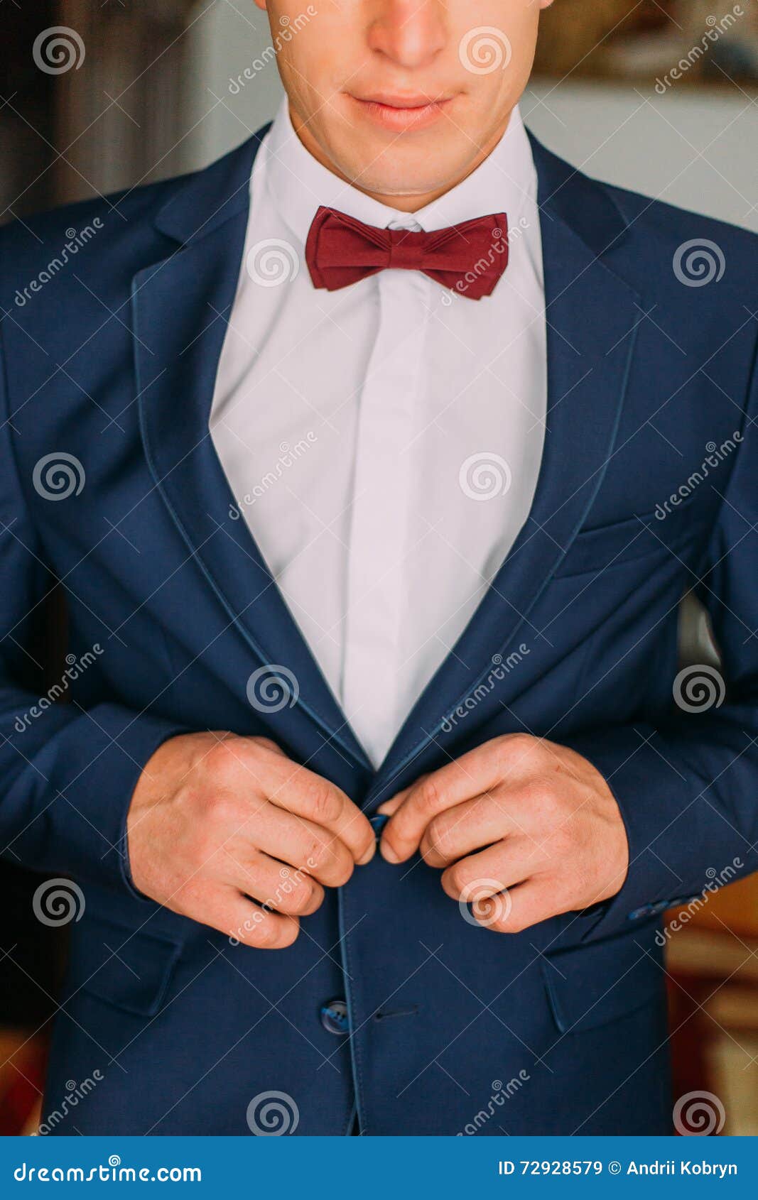 Man With Burgundy Bow Tie And White Shirt Buttons Up His Dark Blue Blazer  Stock Image - Image Of Groom, Fashion: 72928579