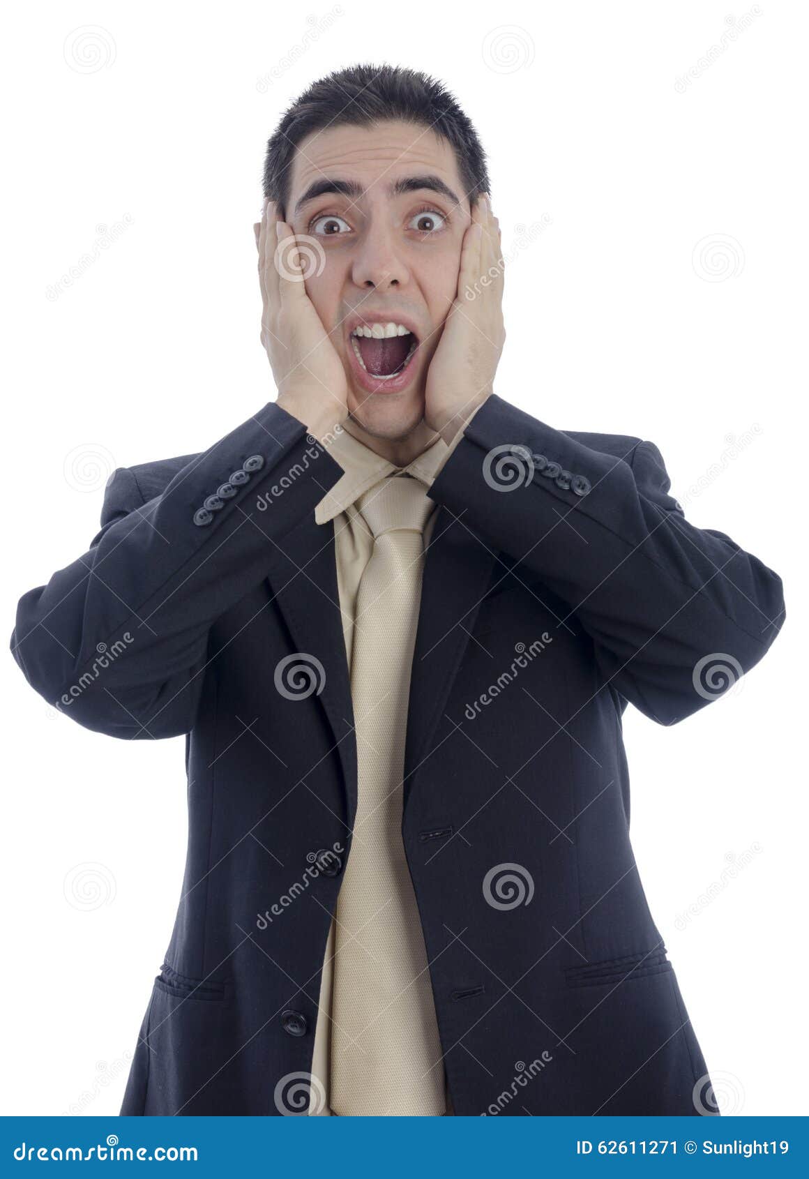 man in business suit with his hands on his face shouting in desperation
