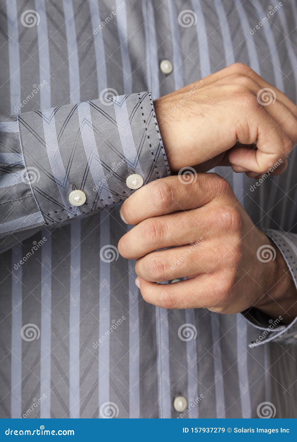 Close Up Detail of Man`s Hands Buttoning Shirt Cuffs. Businessman ...