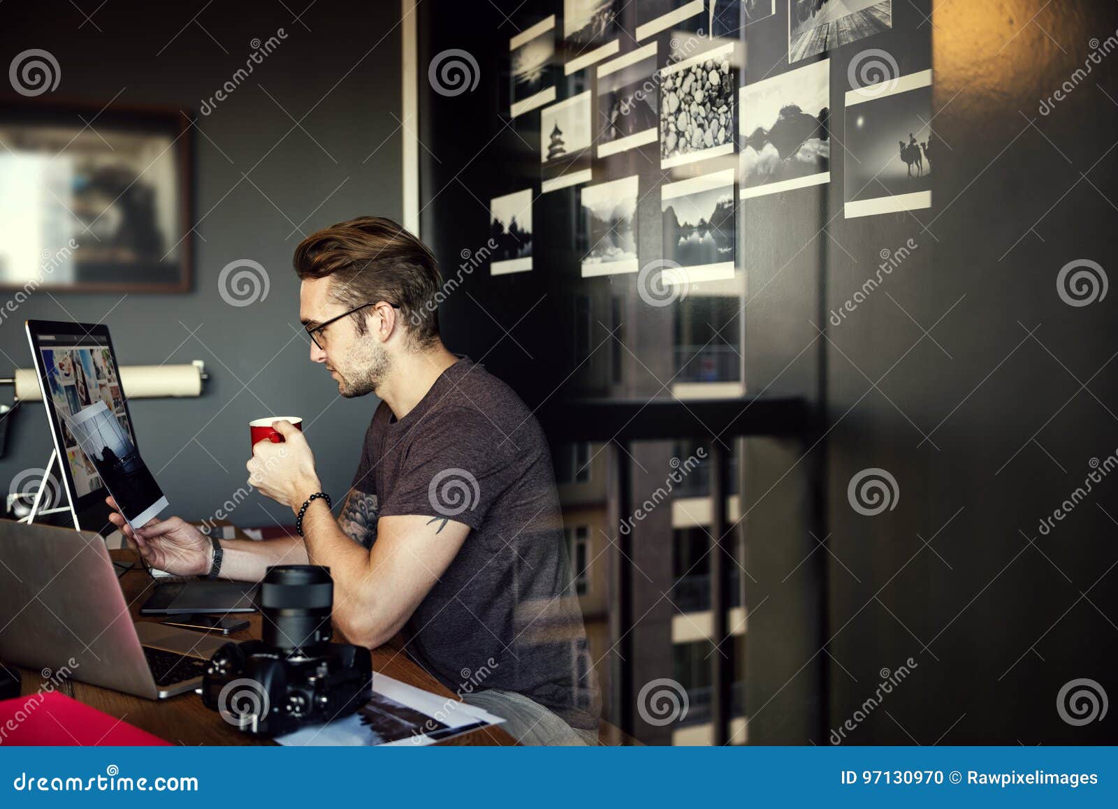 man busy photographer editing home office concept