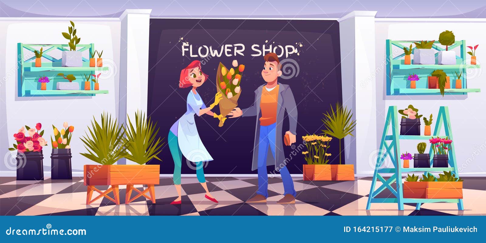man buying bouquet in flower shop, floristic store