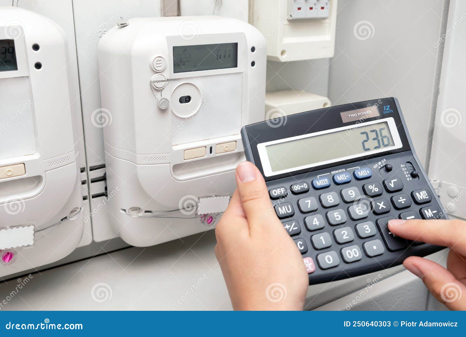 Man with Calculator and Energy Electric Meter Stock Image Image of future, cost 250640303