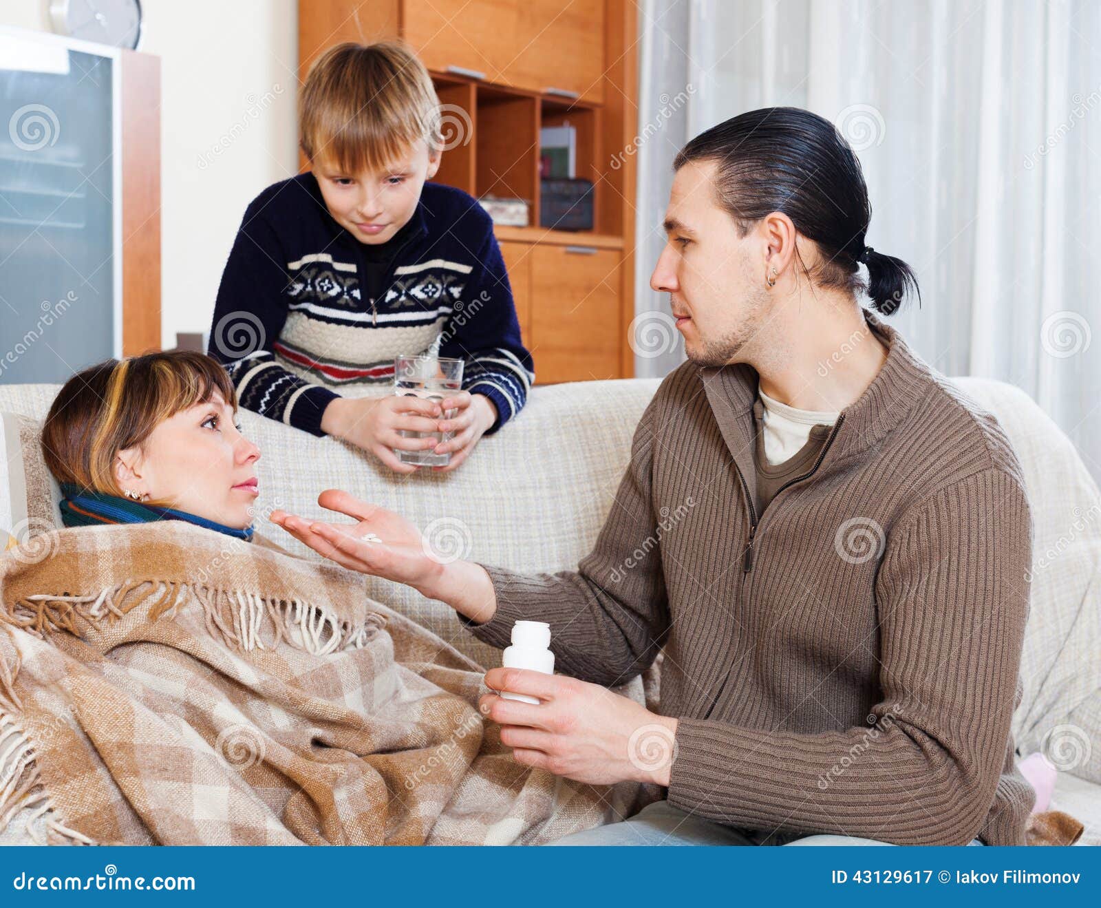 Man Caring For Sick Wife Son Helps Him Stock Image Image Of