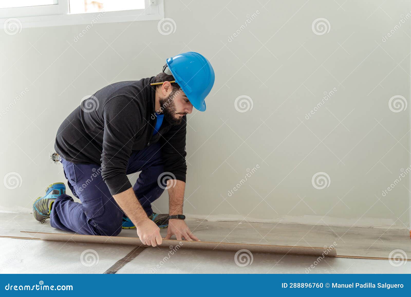 Man Carpenter Assembling Laminate Flooring Stock Photo Image of