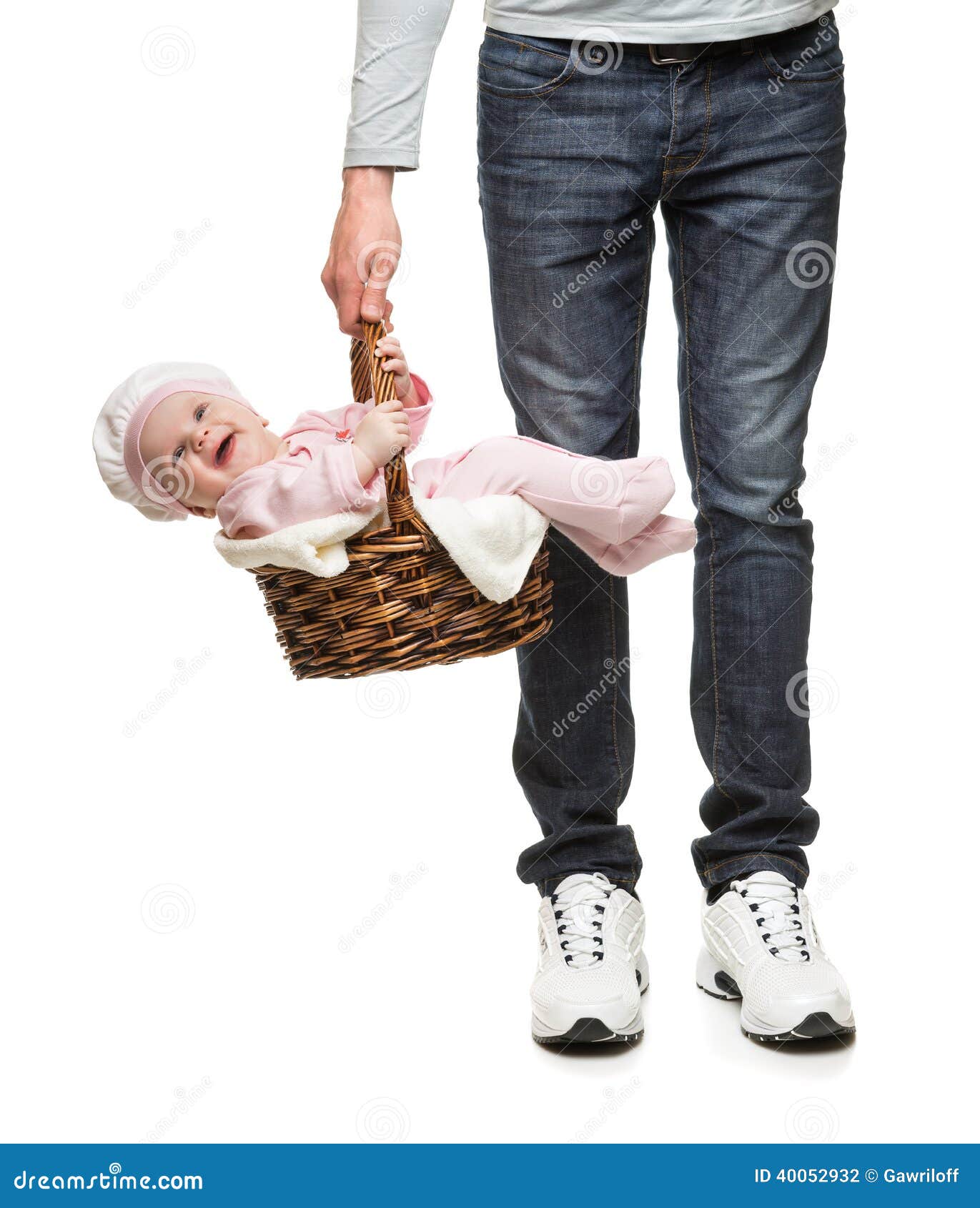 Man Carrying a Basket with Cheerful Baby Stock Photo Image of girls