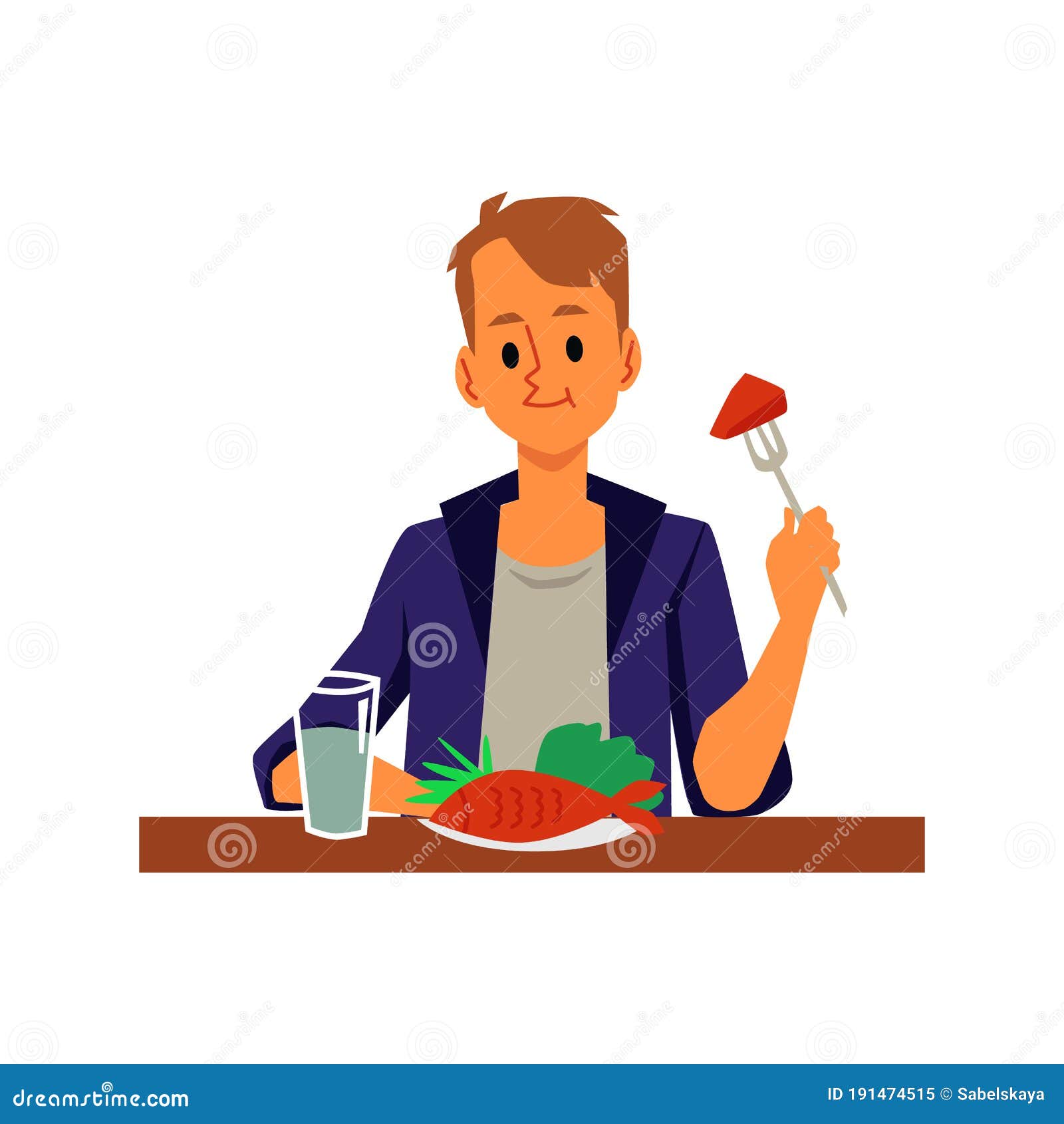 Man Cartoon Character Eating Fish Dish, Flat Vector Illustration Isolated.  Stock Vector - Illustration of happy, background: 191474515