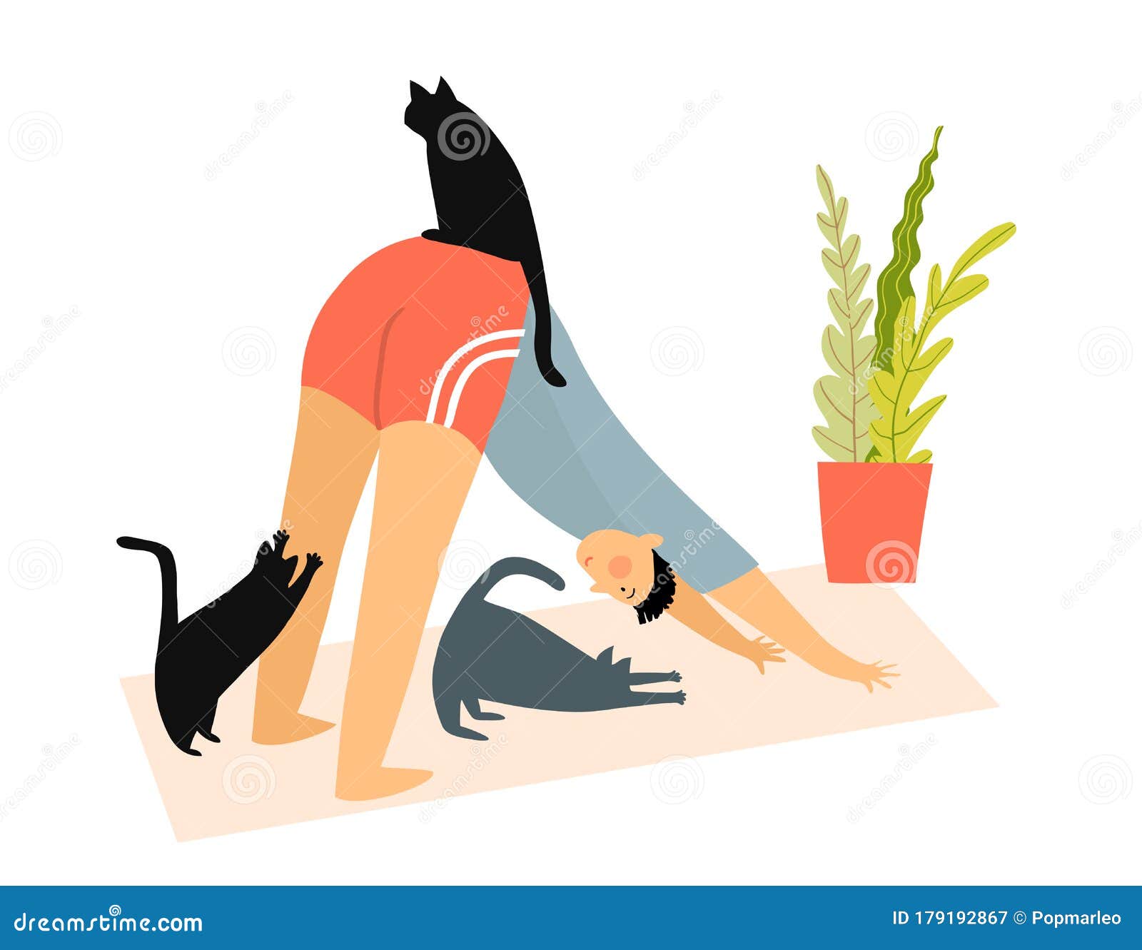 Funny Yoga Exercise at Home. Man Doing Dog Pose with Many Cats